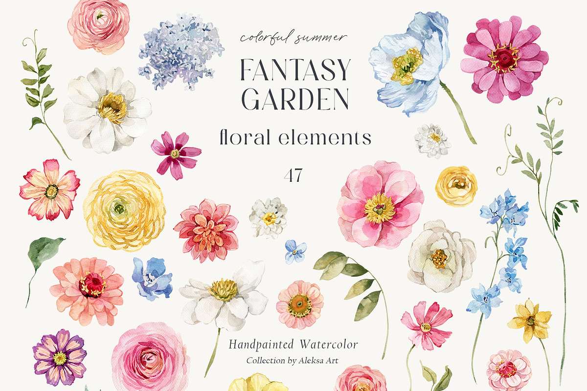 Fantasy Garden summer watercolor set, a Decorative Illustration by AleksaArt (Photo 14 of 20)