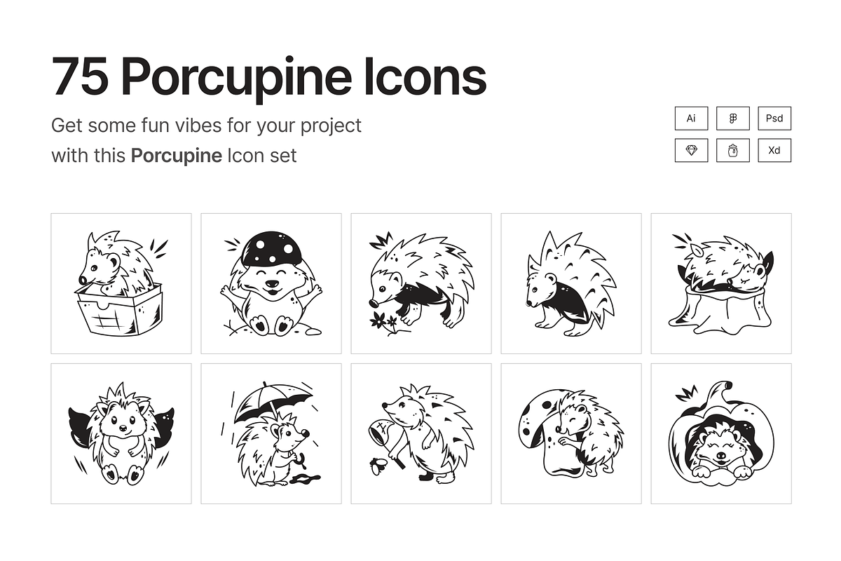 Porcupine Doodle Icons, a Solid Icon by Prosymbols (Photo 1 of 6)