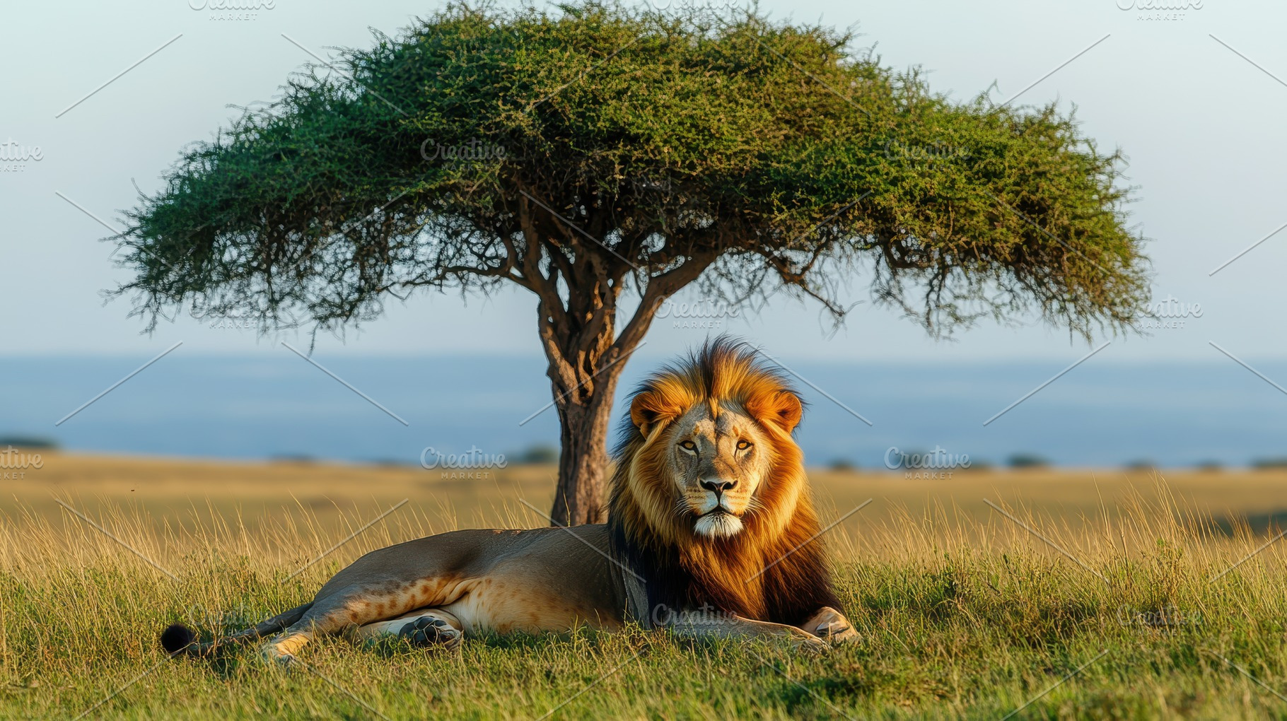 Majestic lion rests beneath acacia t, an Animal Photo by Pixeness