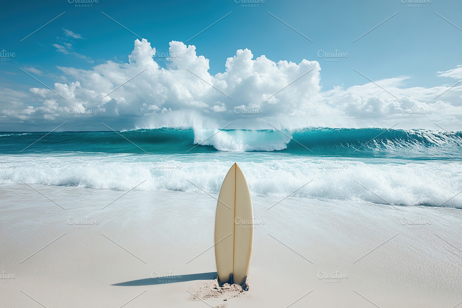 Surfer board standing firmly on white beach with waves crashing in the backgrou, an Arts & Entertainment Photo by AlyaAnd