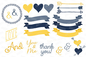 Navy & Yellow Floral Heart Clipart