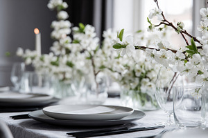 Elegant spring table setting featuring blooming white cherry blo, a Photo by Studio ANNA