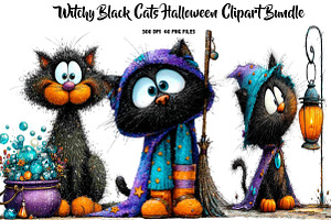 Witchy Black Cats Halloween Clipart, a Seasonal Illustration by CreationArt