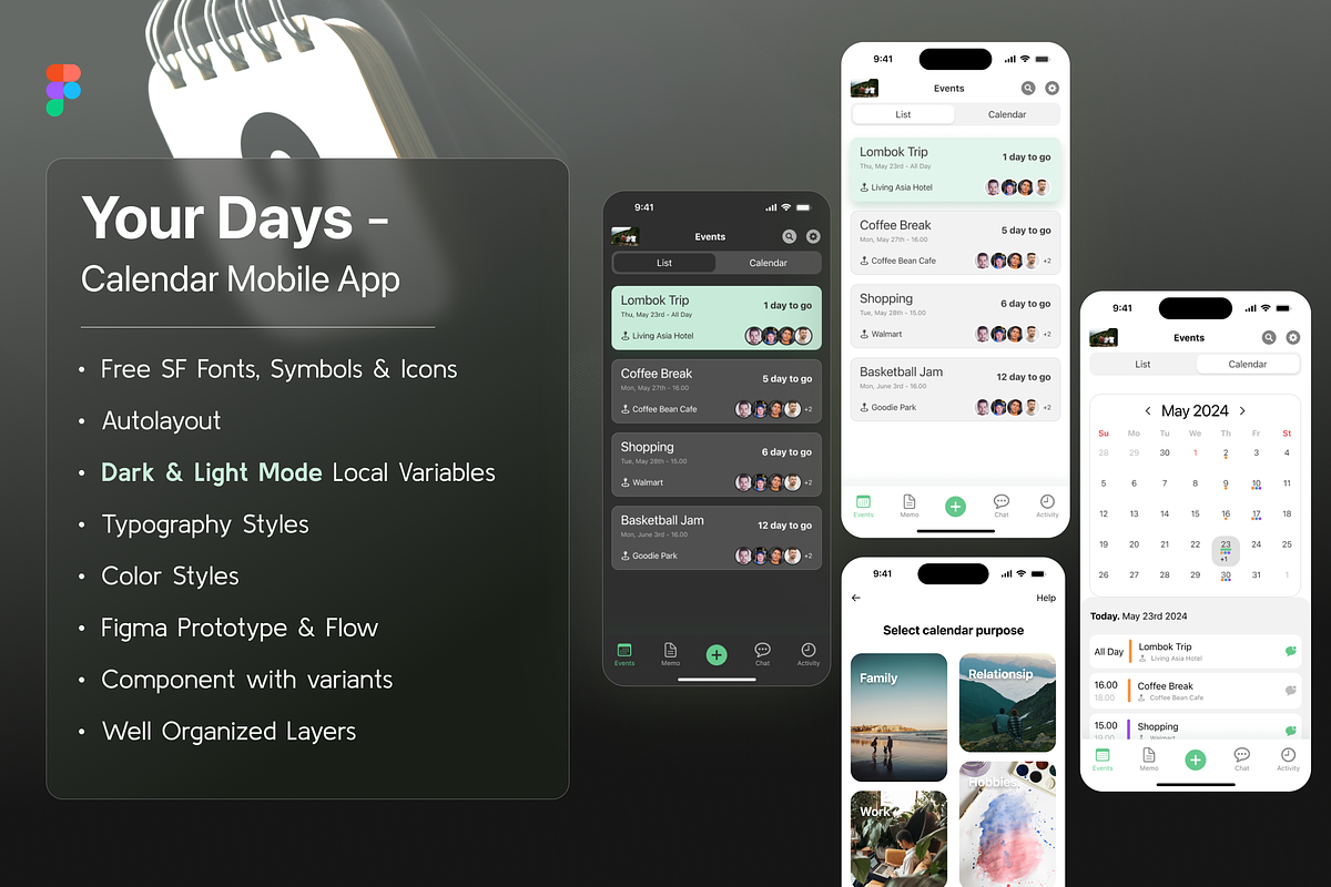 Calendar Mobile App Figma UI Kit, an UI Kit Template by BeadyLab (Photo 1 of 4)