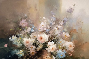 Oil Fine Art, Romantic Flowers In Soft Pastel Colours, Evoking A