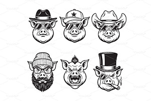 Pig heads wearing different hats, an Animal Illustration by yod67