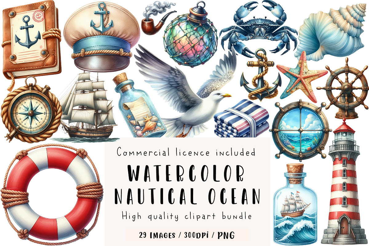 Nautical Ocean Watercolor Clipart, an Illustration by CreationArt (Photo 1 of 5)