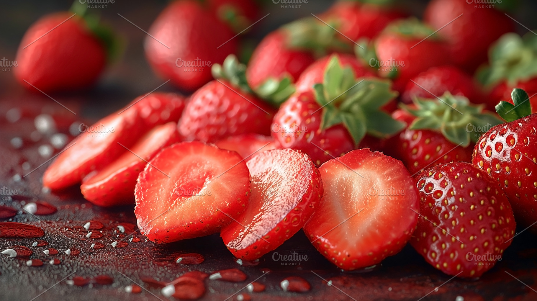 Freshly sliced strawberries glisten with droplets, showcasing th, a Food & Drink Photo by ImageMir