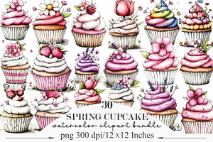 Watercolor Spring Cupcake Clipart, an Illustration by Designking