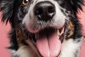 Close-up of a cheerful Border Collie with tongue out, against a, an Animal Photo by Ales Munt