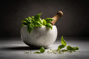 Fresh basil leaves in marble mortar, a Food & Drink Photo by Virgo Studio