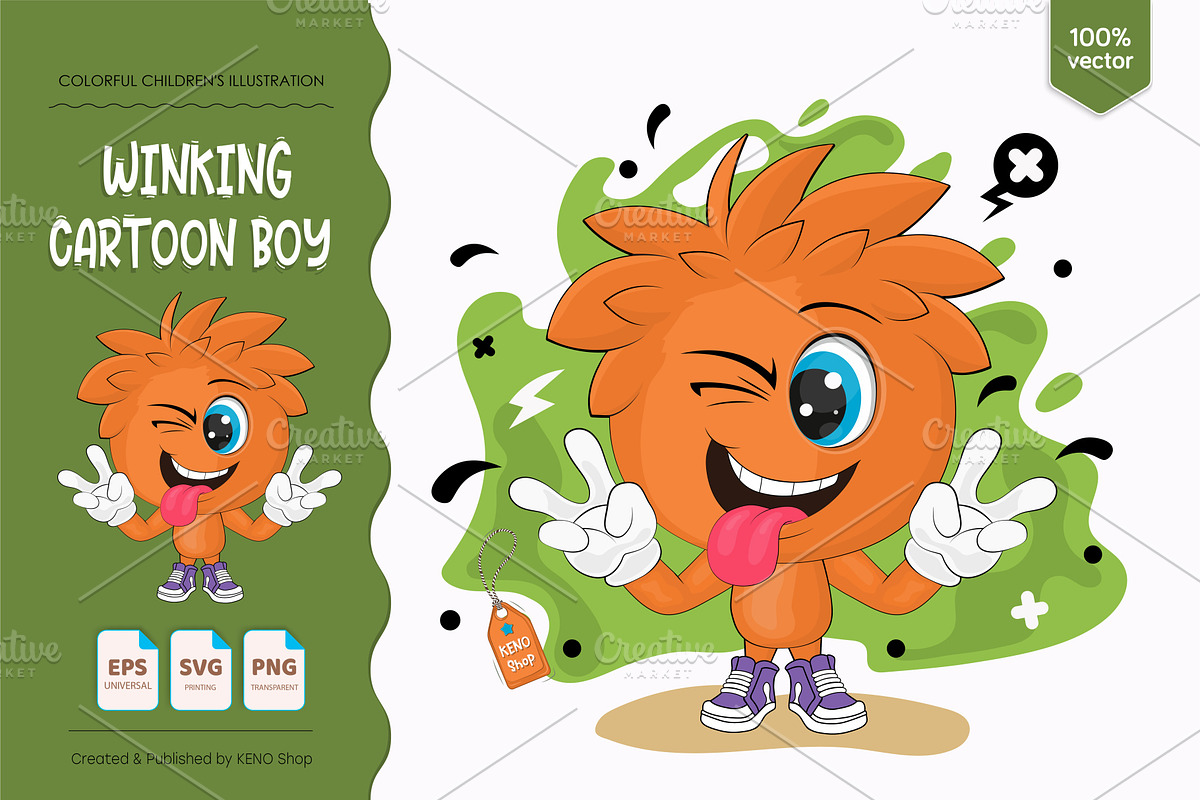Cartoon winking boy. Tshirt, PNG., a Person Illustration by KENO Mascots (Photo 1 of 3)