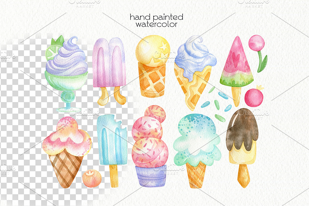 Watercolor Ice Cream Clipart, an Illustration by OllyKo Art (Photo 2 of 6)
