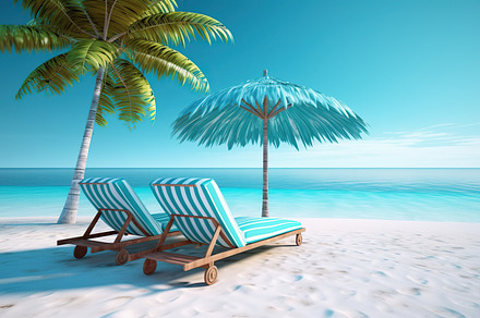 Illustration of deck chairs on sandy beach near palm tree. Generative AI, a Nature Photo by AlyaAnd