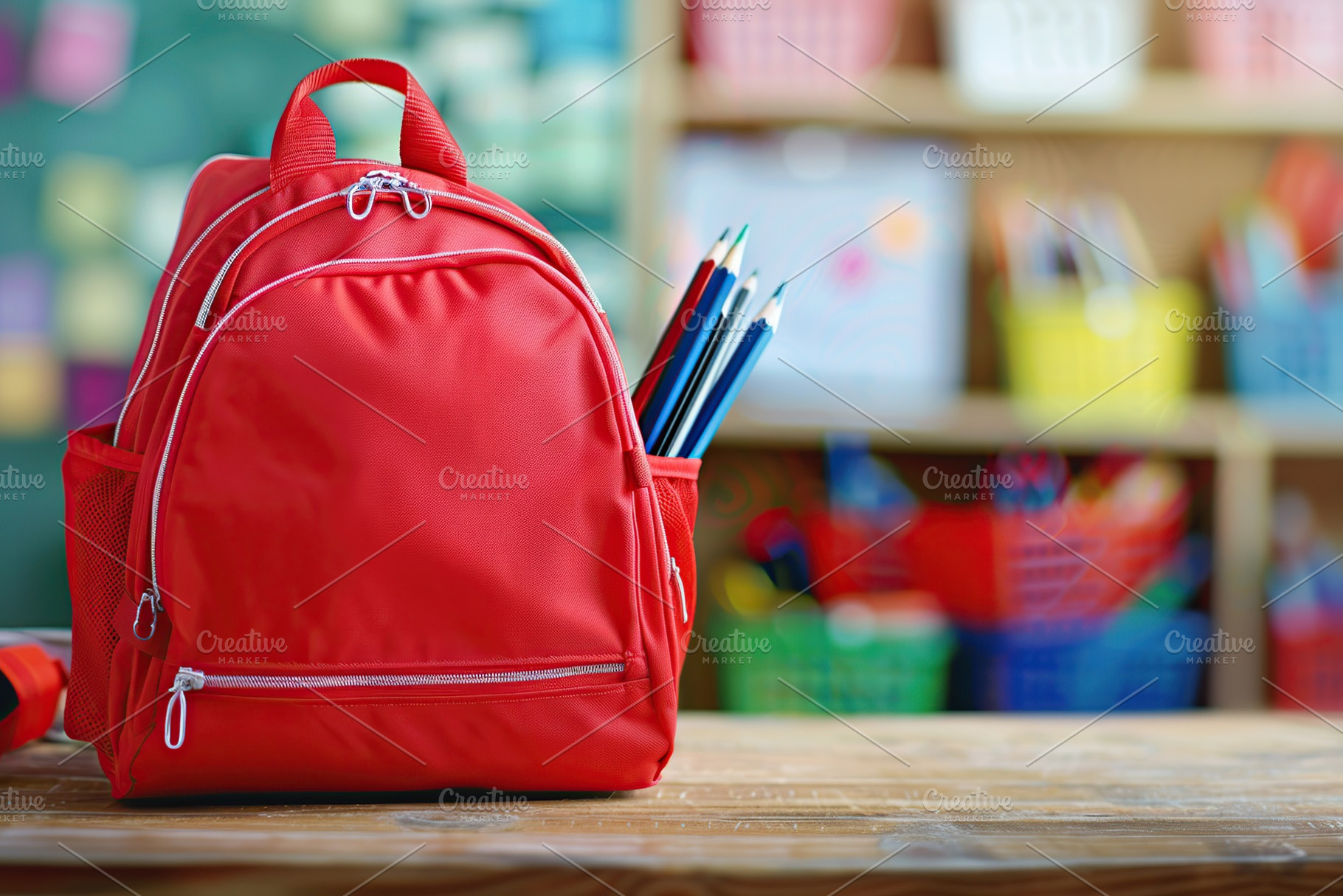 Modern school backpack on blurred classroom background. Back To School concept, a School & Education Photo by AlyaAnd