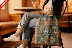 Canvas Tote Bag Hanging On Chair PSD, a Merchandise Mockup by Bruno's Shop