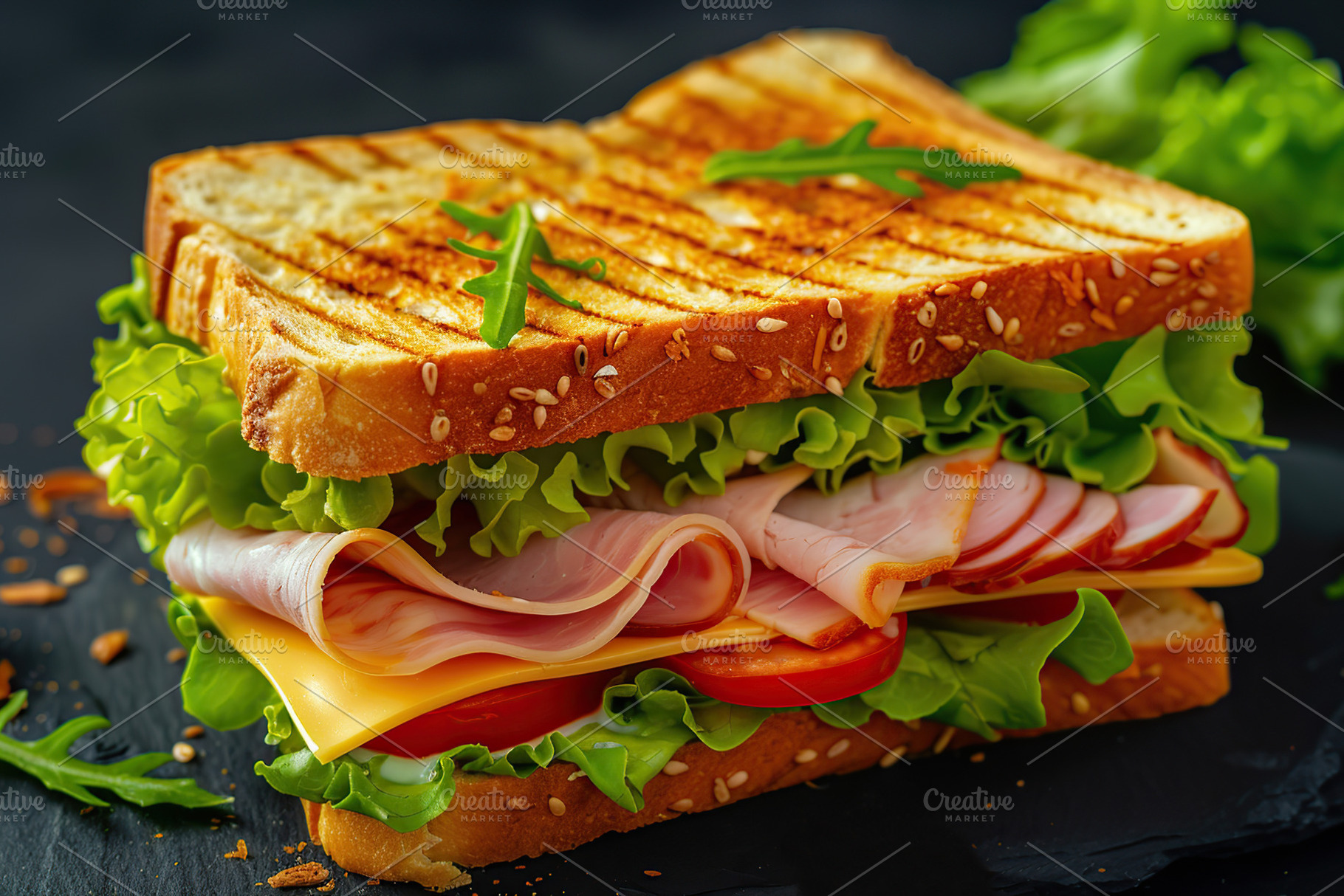 Toast sandwich with cheese, turkey ham, tomato and fresh lettuce, a Food & Drink Photo by AlyaAnd