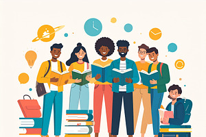 Illustration of diverse students with different skin tones posin, an Education Illustration by DanFLCreativo
