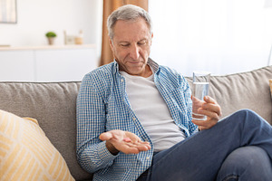 Mature man taking pills holding glass of water, a Photo by Prostock-Studio