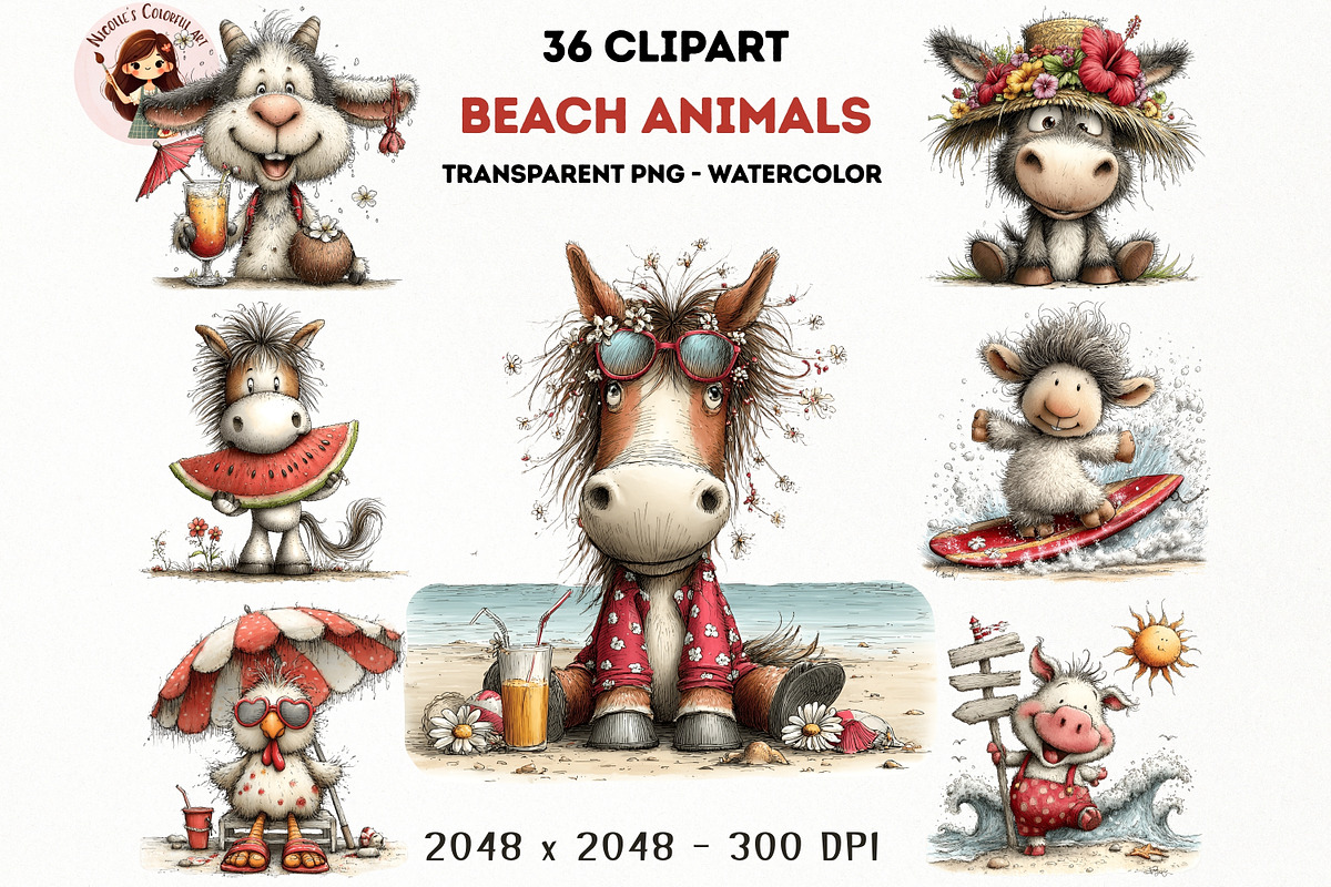 Beach Animals Watercolor Clipart Set, an Animal Illustration by Nicolle's Colorful Art (Photo 10 of 10)