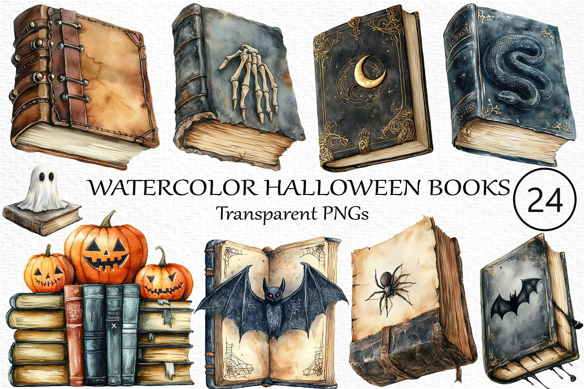 Watercolor Halloween Books Clipart, an Illustration by Craft Nest (Photo 1 of 6)