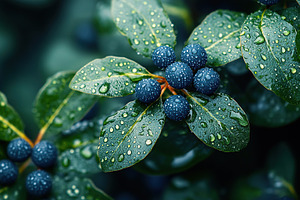 Beautiful blueberries on a branch with green leafs and water drops, a Nature Photo by AlyaAnd