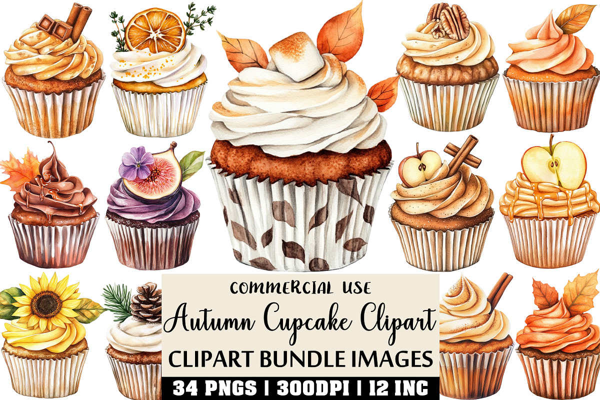 Watercolor Autumn Cupcake Clipart, an Illustration by Craft Nest (Photo 1 of 6)