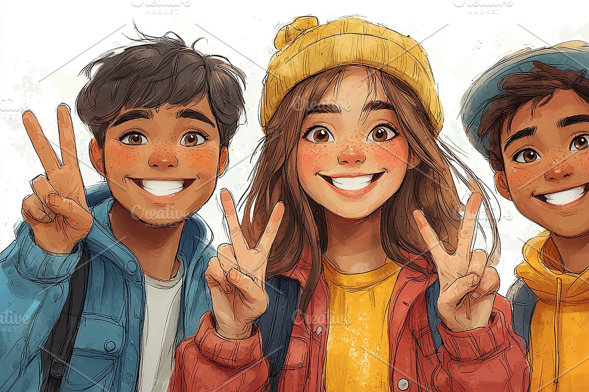Young friends posing with peace signs in cheerful and casual attire, an Illustration by AS photostudio