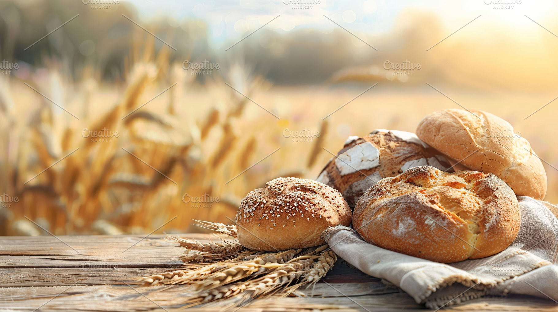 Fresh baked bread on table on wheat field background, a Food & Drink Photo by AlyaAnd