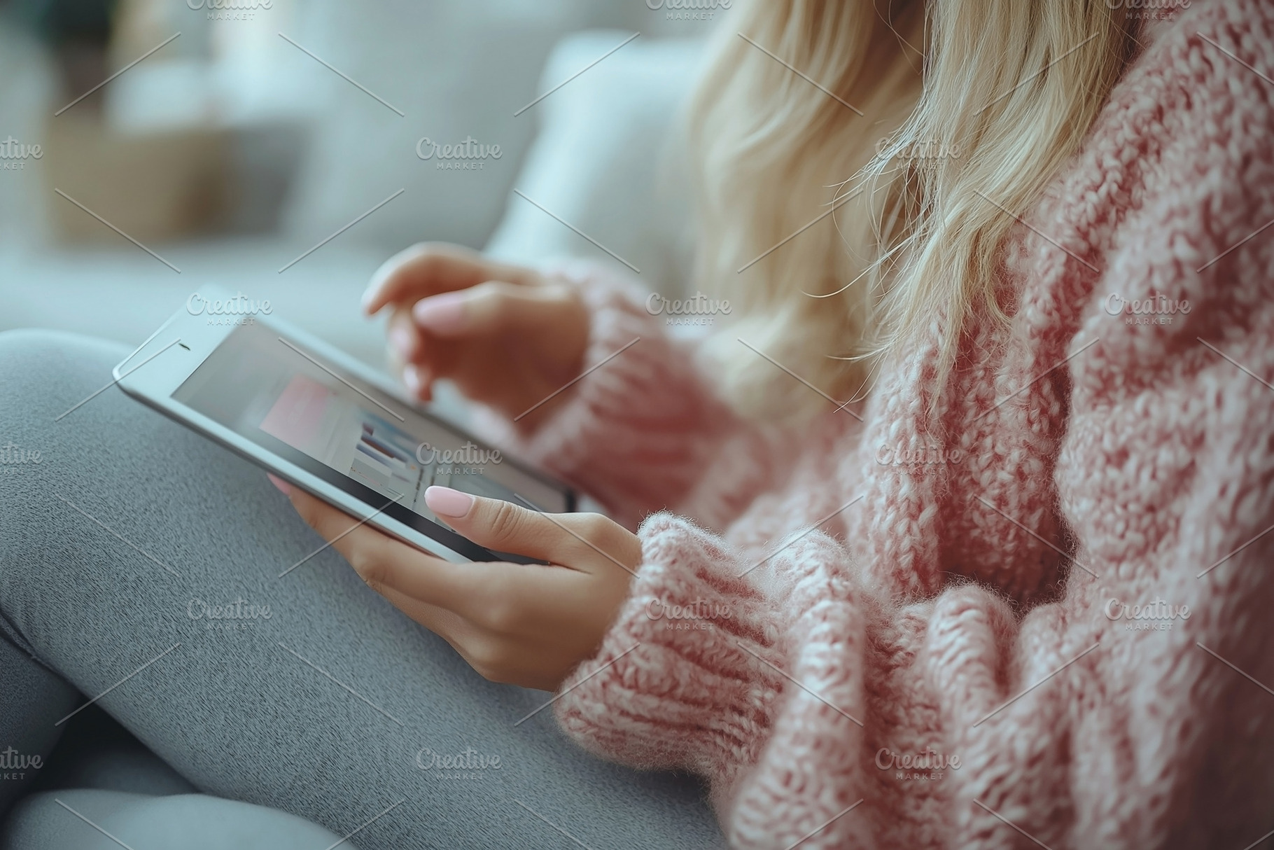 A young woman with long, wavy hair in a cozy pink sweater, using a tablet while, a Person Photo by ImageMir