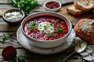 Bowl of beet root soup borsch on wooden table, a Food & Drink Photo by AlyaAnd