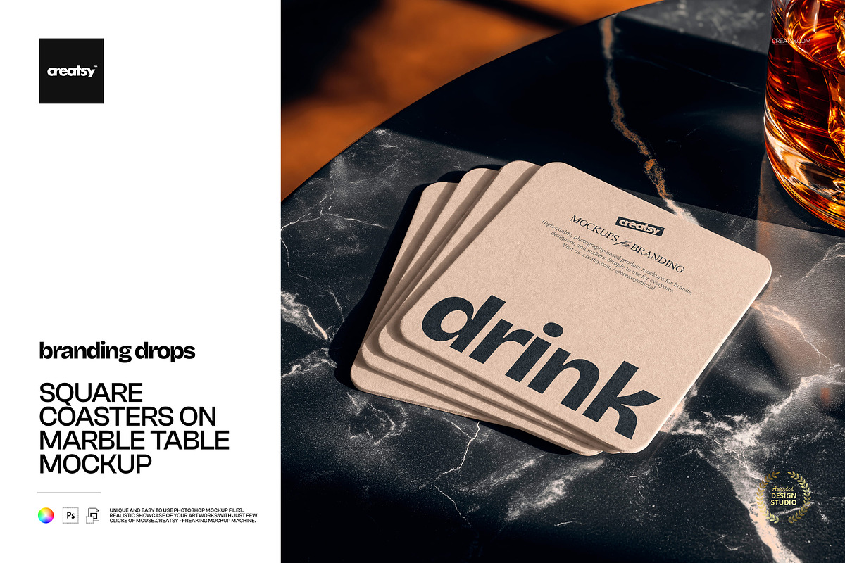 Square Coasters on Table Mockup, a Cups & Container Mockup by creatsy5 (Photo 1 of 5)