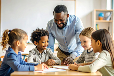 Teacher with a small group of children in a classroom pointing a, a School & Education Photo by DanFLCreativo