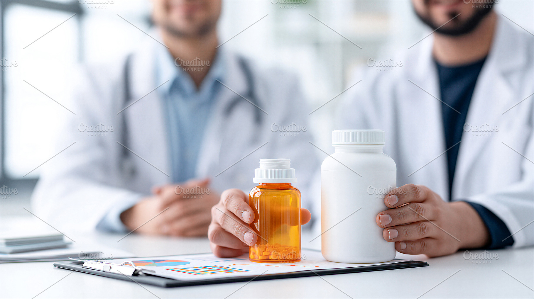 Doctors holding medication bottles, a Health & Medical Photo by 7DesignLab