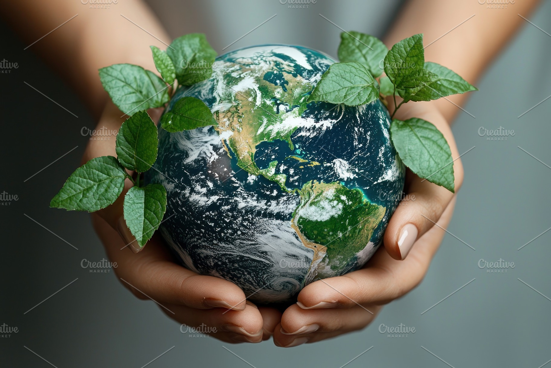 Hands holding planet Earth with green leaves sprouting, symboliz, a Background Photo by José Manuel Gelpi