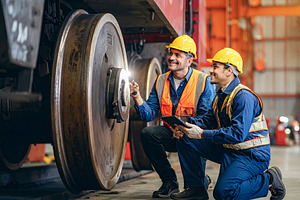 Train mechanics checking a train wheel, an Industrial Photo by DanFLCreativo