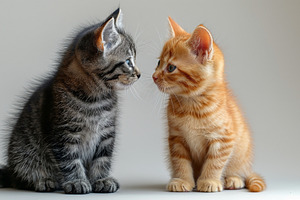 Two adorable kittens, a tabby and a ginger, share a moment of curiosity and pla, an Animal Photo by ImageMir