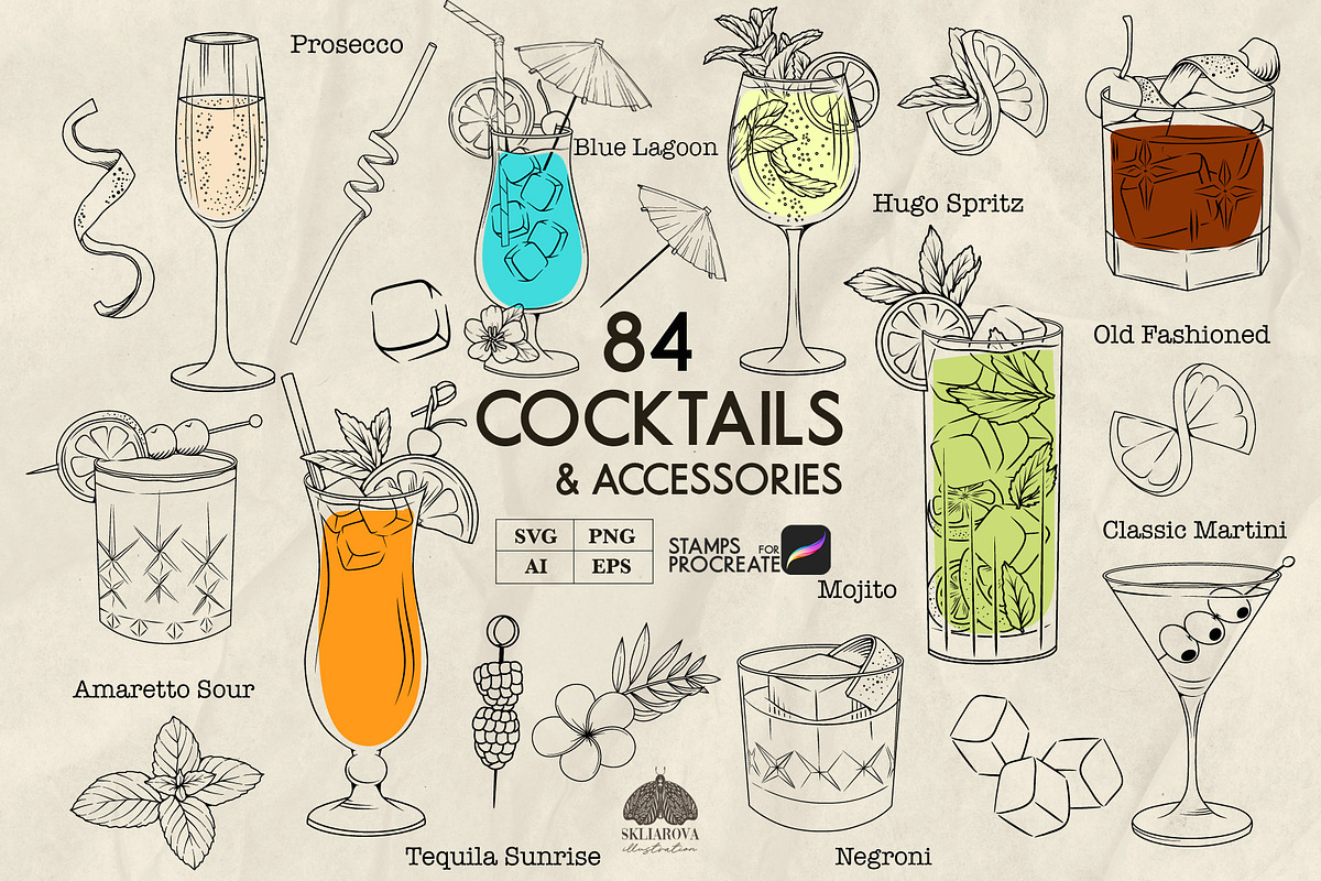 Cocktails Line Art + Procreate, a Food Illustration by Skliarova (Photo 1 of 8)