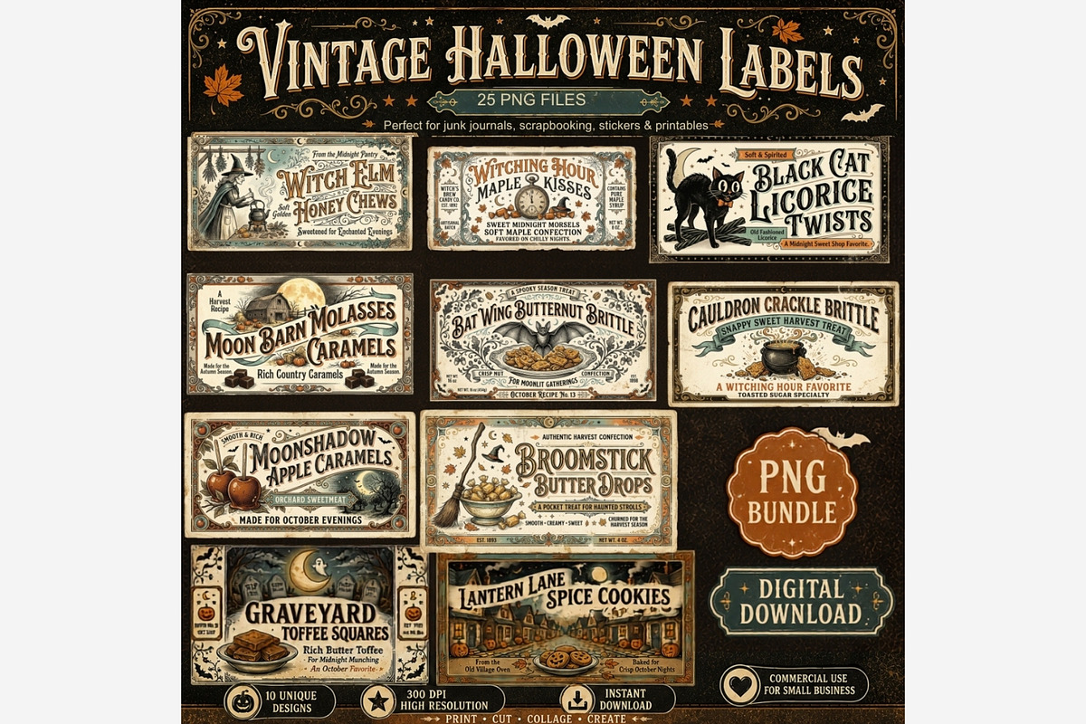 Vintage Halloween Labels PNG Bundle, a Seasonal Illustration by Tanya Kart (Photo 5 of 6)