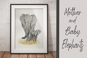 Watercolor Mother & Baby Elephants, an Animal Illustration by Tati Bordiu