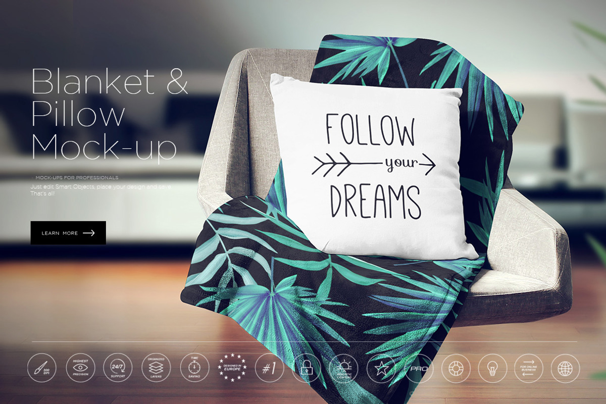 Blanket & Pillow On Chair Mockup, a Product Mockup by Denny's Mock-ups (Photo 6 of 8)