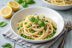 Spaghetti with Peas and Basil, a Photo by rarrarorro