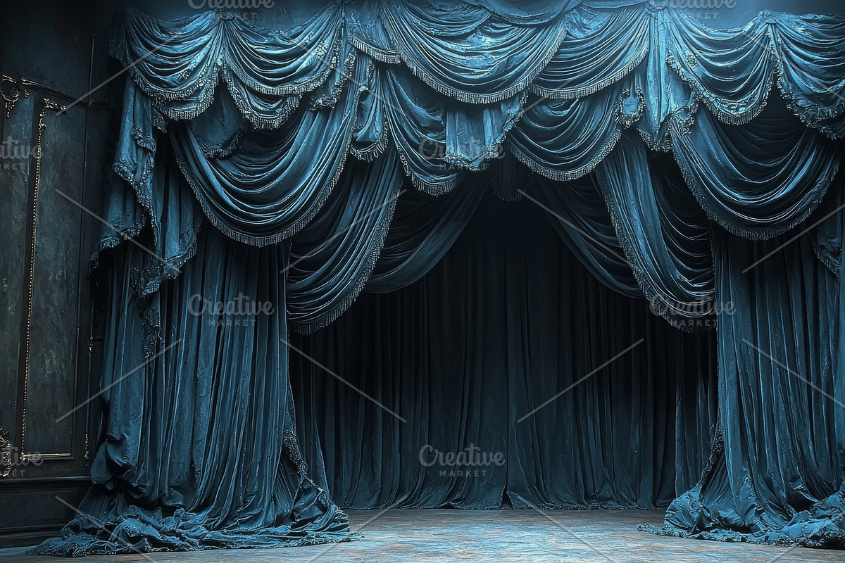 Elegant dark stage curtains with ornate fabric details in moody lighting, an Illustration by AS photostudio