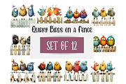 12 Quirky Birds on a Fence Clipart, an Animal Illustration by Art Paradise Studios (Thumbnail 1 of 8)