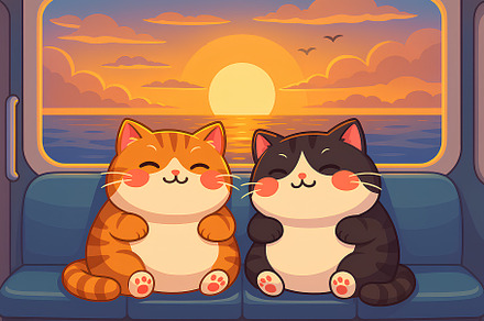 Cozy Sunset Cats – Cute Cartoon Illu, a Photo by solzhanz991