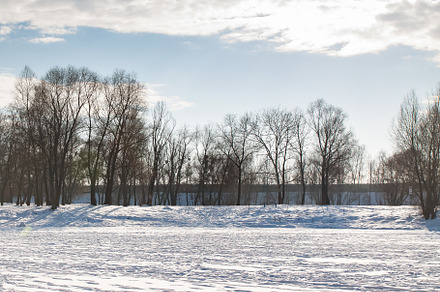 Snow Covered Forest Lake Under Bright Sunshine. Scenic Landscape, a Nature Photo by TanaCh