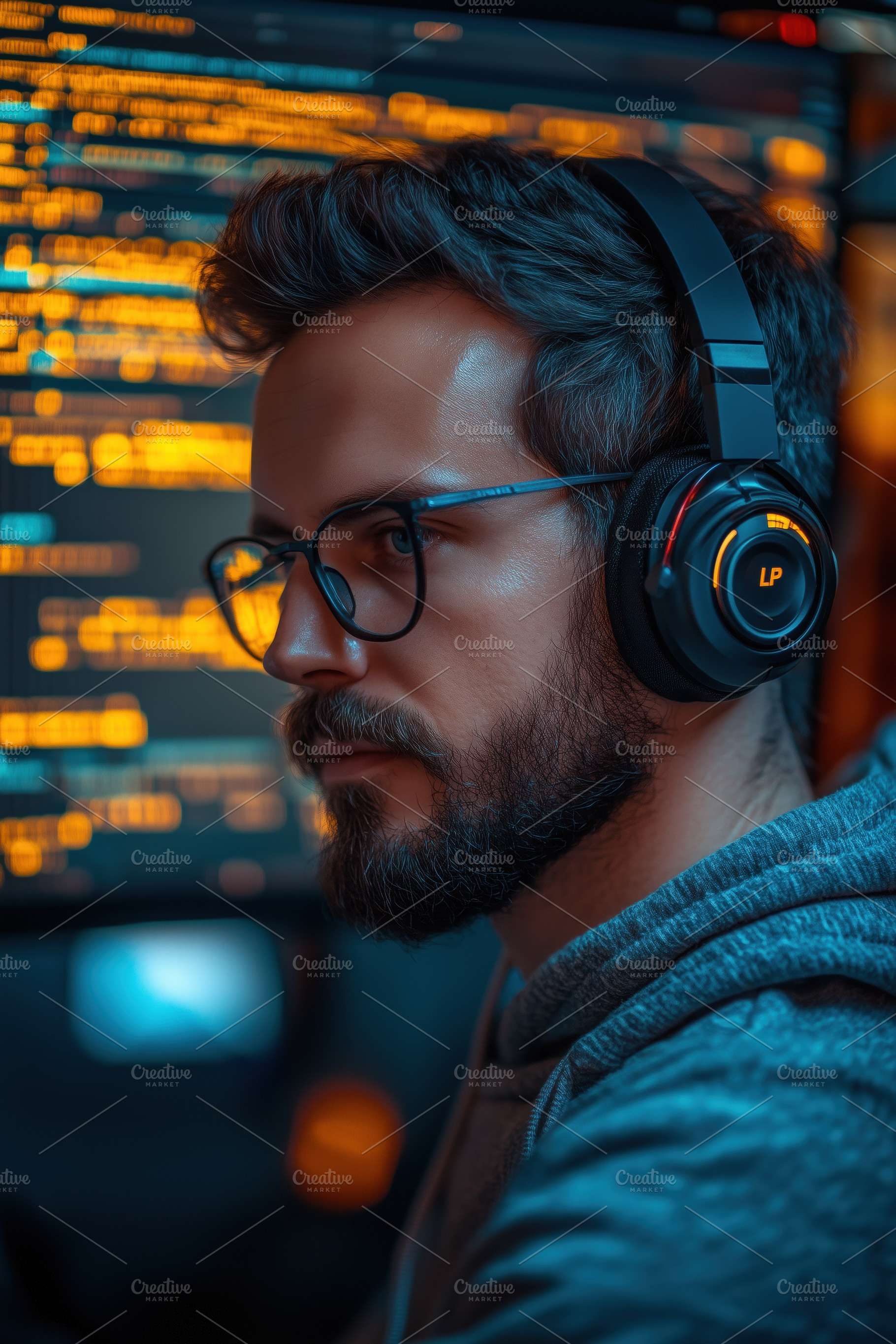 NLP Developer. A focused young man with a beard and glasses wearing headphones,, a Person Photo by Textures & Backgrounds
