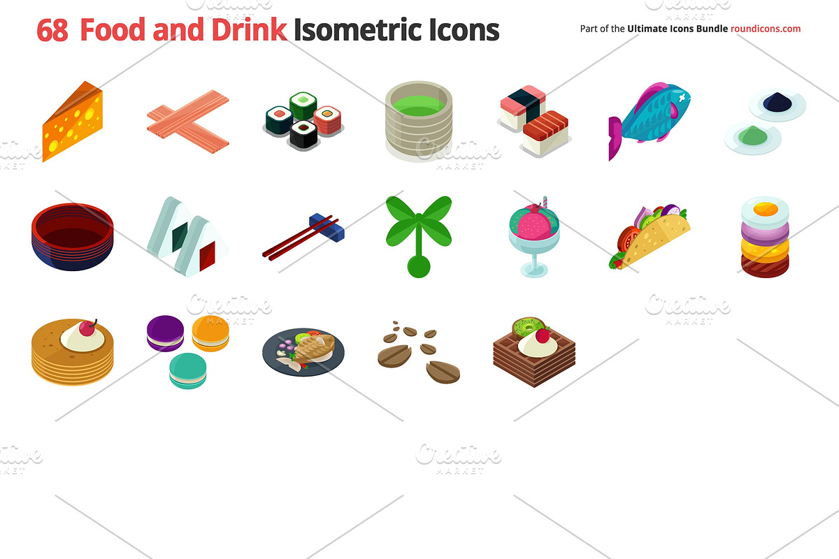 68 Food and Drink Isometric Icons, an Icon by Vectopus.com