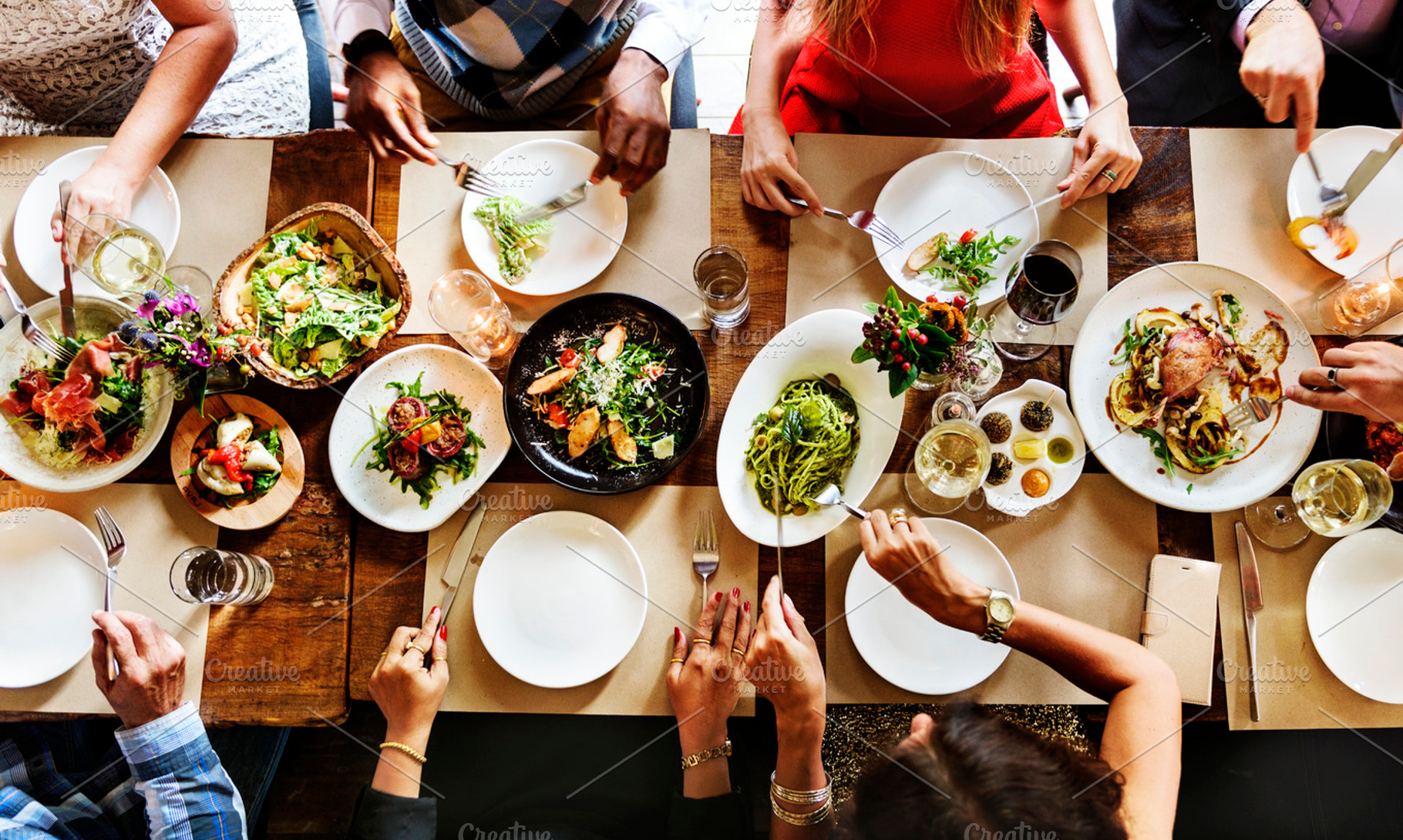 Friends having dinner party containing aerial view, beverage, and cafe, a Person Photo by rawpixel