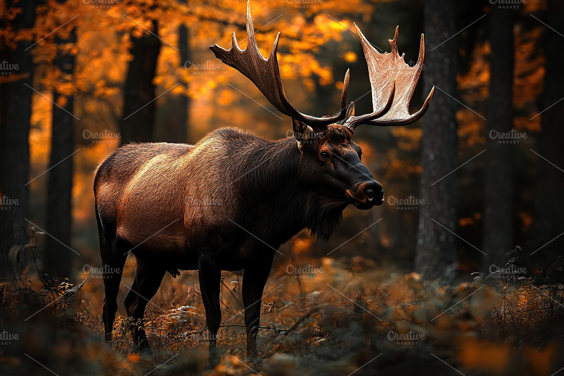 Majestic moose stands proudly amidst golden autumn foliage in a tranquil forest, an Animal Photo by AlyaAnd